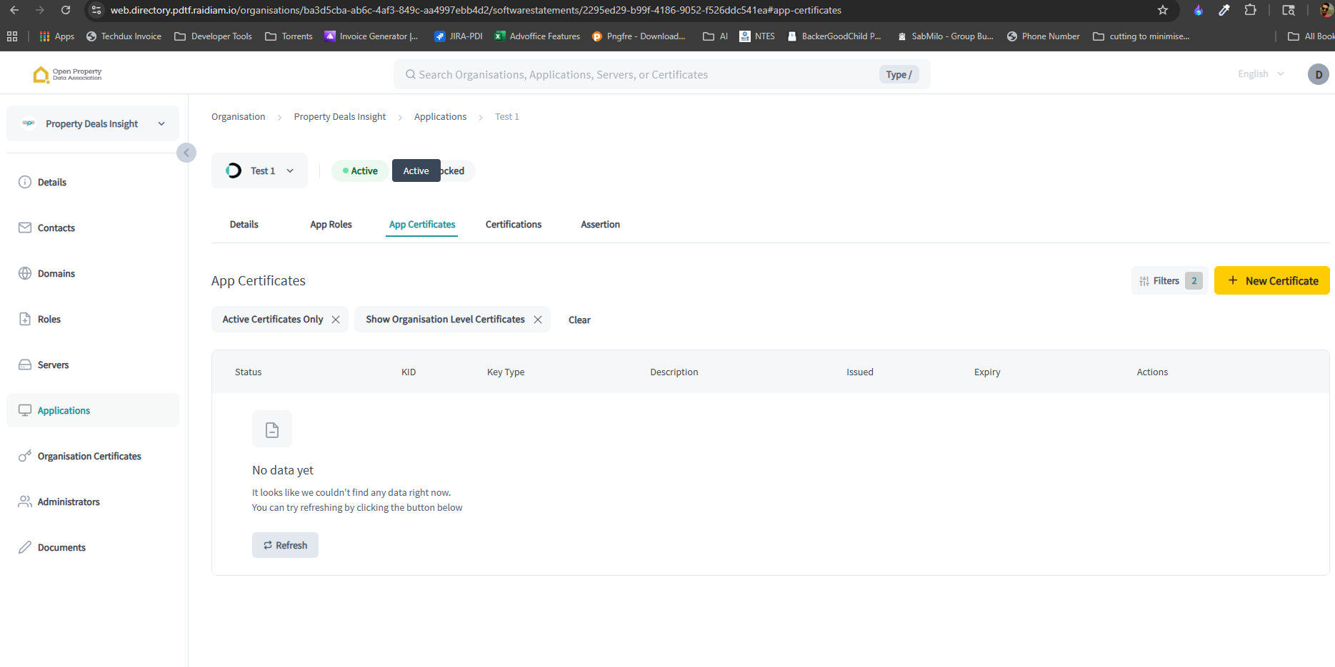 App certificates section